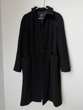 Vintage GAP Black Wool Blend Long Line Button Down Trench Coat Size Medium